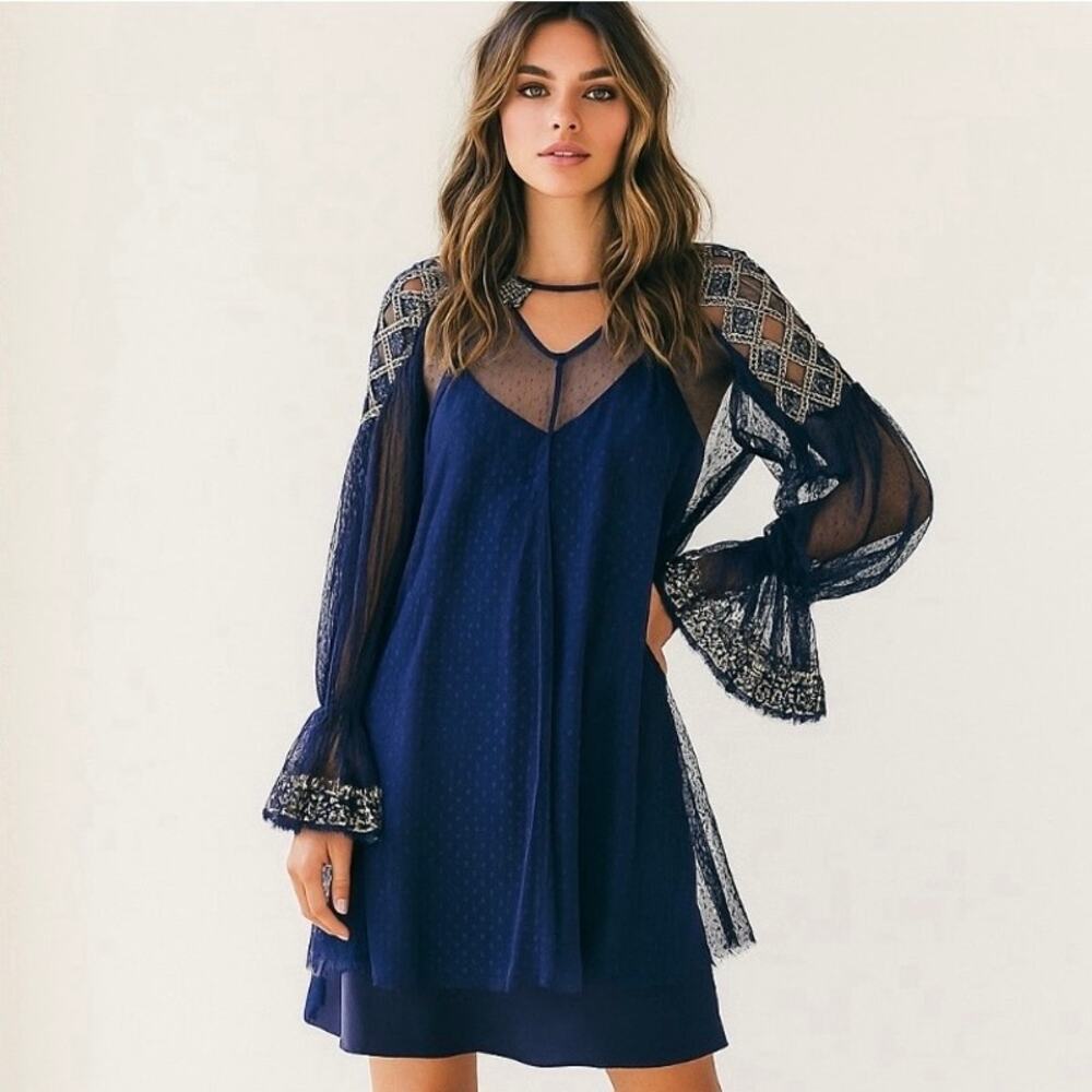 Free‎ People Joyride Sheer Top Blue Mesh Embroidered Boho Coastal Cowgirl